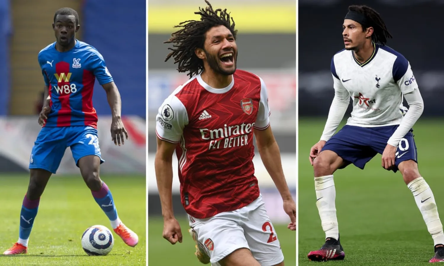 Tyrick Mitchell of Crystal Palace, Arsenal’s Mohamed Elneny and Dele Alli of Spurs. Composite: Getty/Rex

