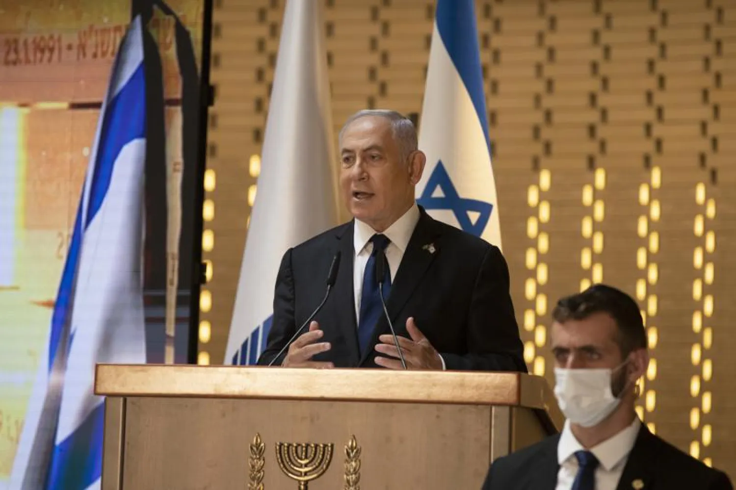 FILE - In this Wednesday, April 14, 2021 file photo, Israeli Prime Minister Benjamin Netanyahu speaks at a Memorial Day ceremony at the military cemetery at Mount Herzl, Jerusalem. Netanyahu faces a midnight deadline on Tuesday, May 4, to put together a new coalition government. (AP Photo/Maya Alleruzzo, Pool, File)

