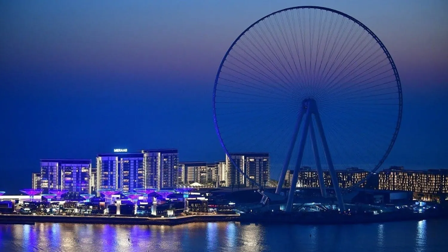 A boat sails in front of the Ain Dubai (Dubai Eye) ferris wheel located on the Bluewaters island in the Gulf city of Dubai, on May 28, 2020. (AFP)