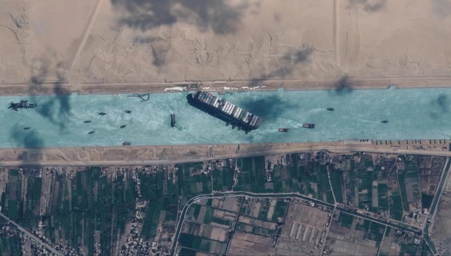 A view shows Ever Given container ship in Suez Canal in this Maxar Technologies satellite image. (Maxar TechnologiesHandout via Reuters)