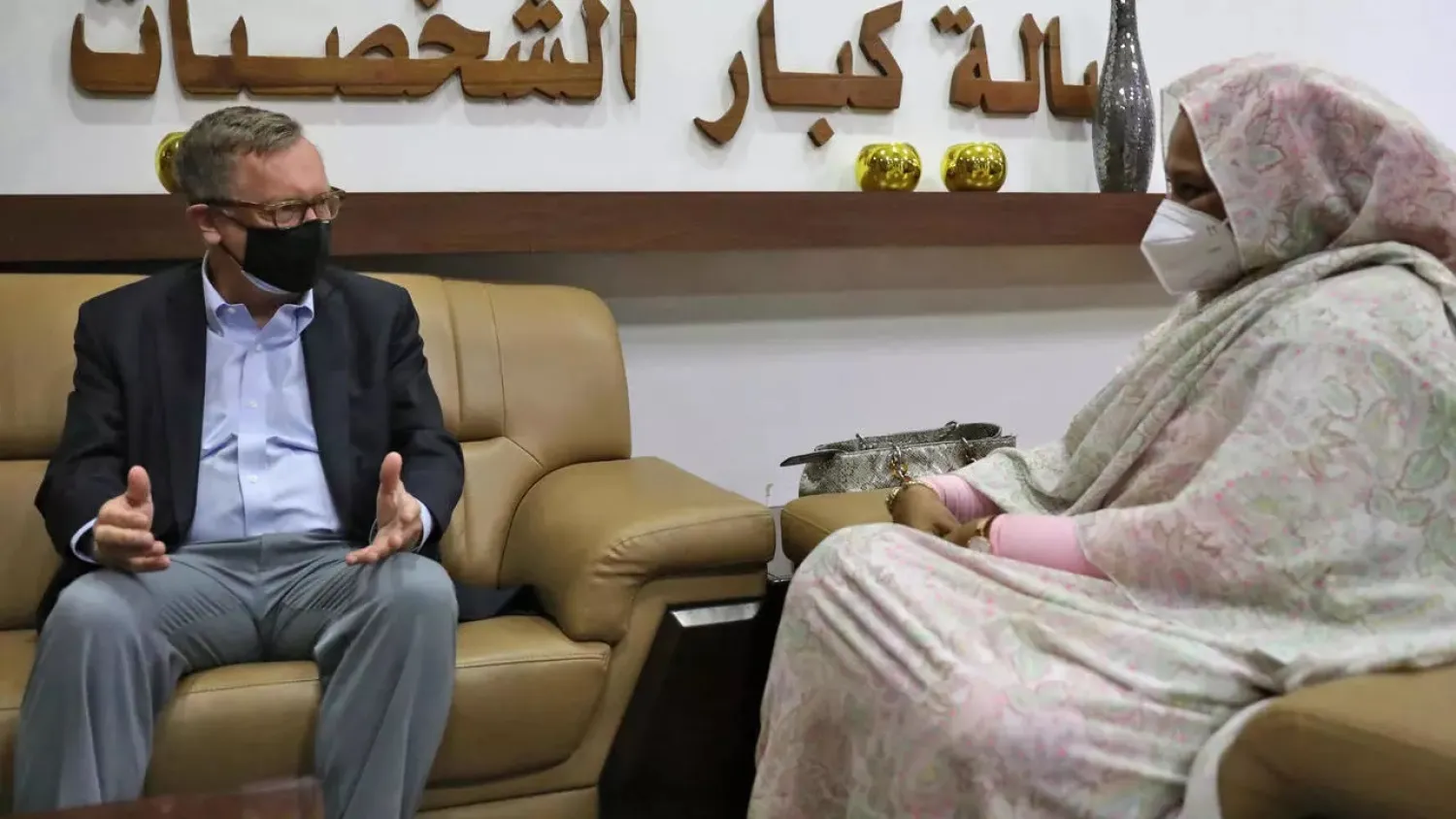 Sudanese Foreign Minister Mariam al-Sadiq al-Mahdi met US envoy Jeffrey Feltman at the airport in Khartoum. (AFP)