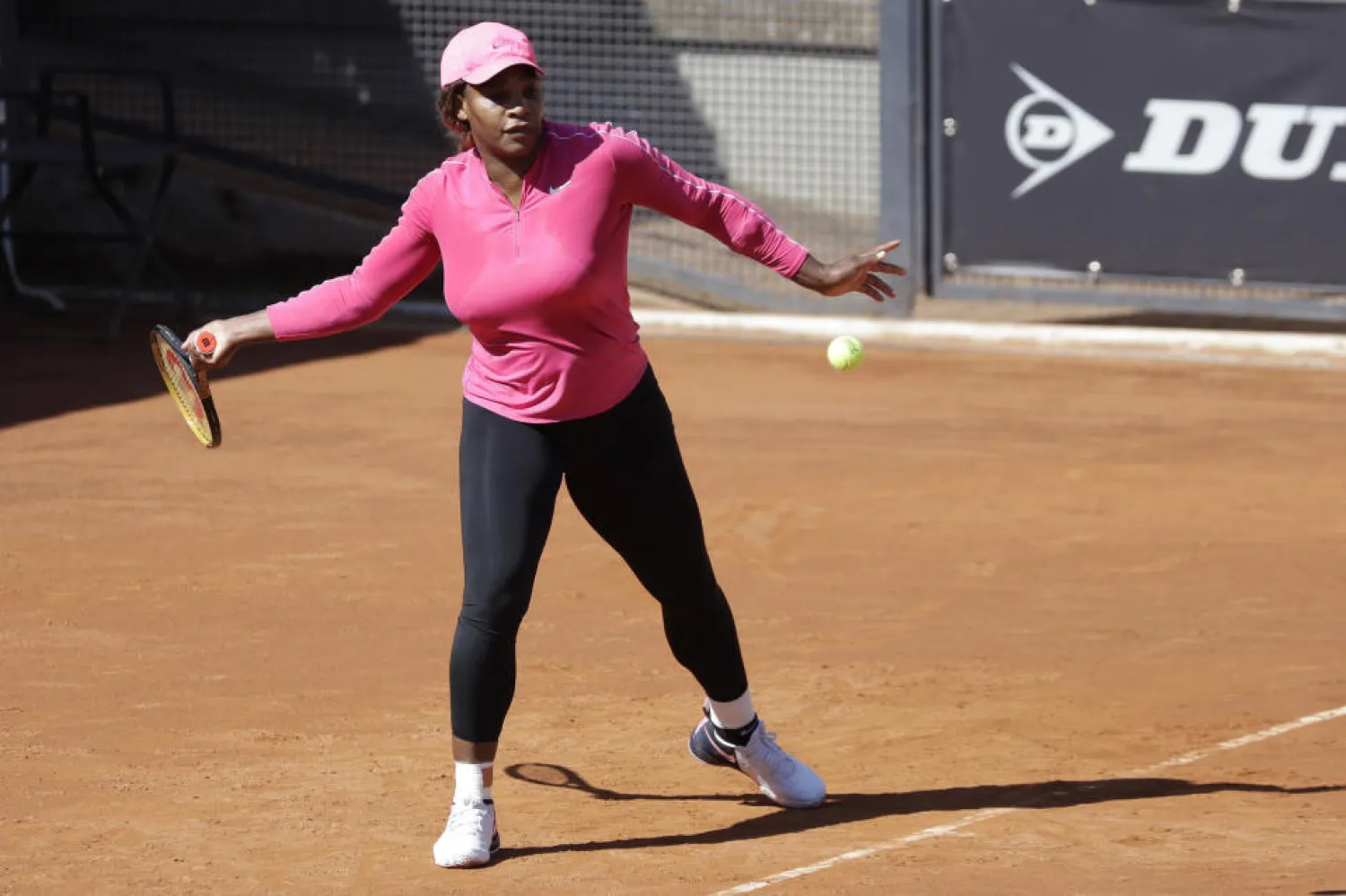 Serena Williams returns the ball during a training session at the Italian Open tennis tournament, in Rome, Monday, May 10, 2021. (AP Photo/Gregorio Borgia)