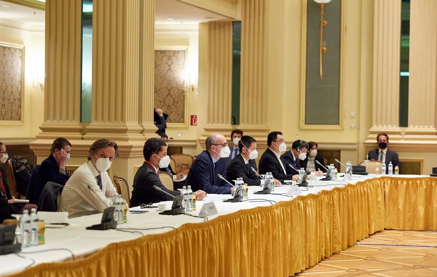 This May 1, 2021, photo from the EU delegation shows delegation members from parties to the Iran nuclear deal — Germany, France, Britain, China, Russia and Iran — attending a meeting at the Grand Hotel of Vienna as they try to restore the deal. (AFP)