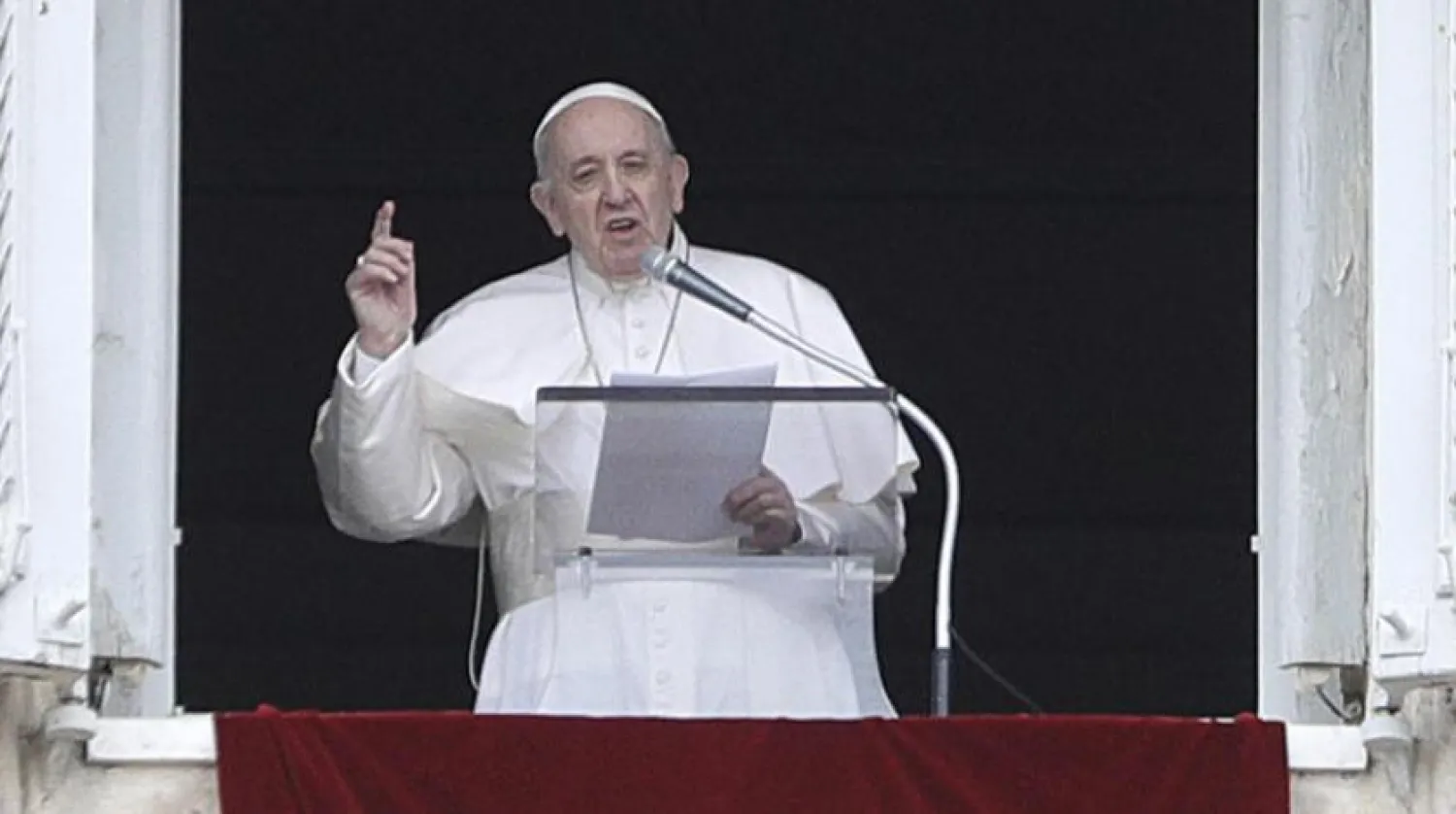 Pope Francis delivers his message during the Angelus noon prayer in St. Peter's Square at the Vatican, Sunday, May 16, 2021. (AP Photo/Gregorio Borgia)