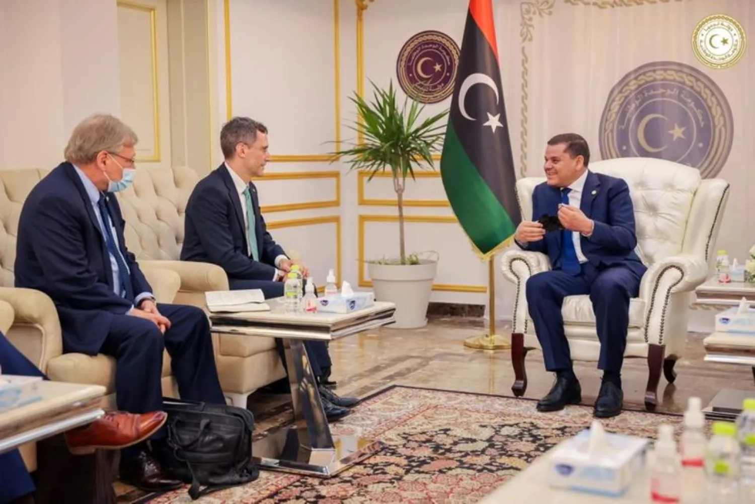 US Acting Assistant Secretary of State for Near Eastern Affairs Joey Hood meets with GNU head Abdulhamid Dbeibeh, in Tripoli, Libya May 18, 2021. (Handout via Reuters)