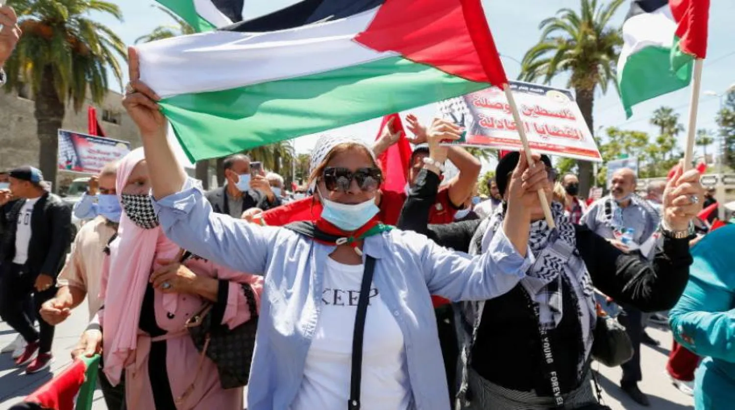 Filistinlilerle dayanışma gösterisinde Filistin bayrağı taşıyan Tunuslu bir kadın (Reuters)