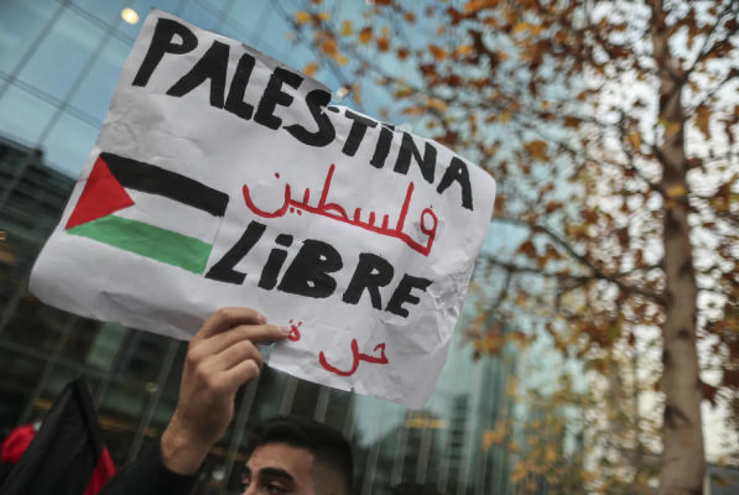 A member of the Palestinian community in Chile holds a sign that reads in Spanish "Free Palestine" during a demonstration to protest against Israel and in support of Palestinians, in front of the Israeli embassy in Santiago, Chile, Wednesday, May 19, 2021. (AP Photo/Esteban Felix)
