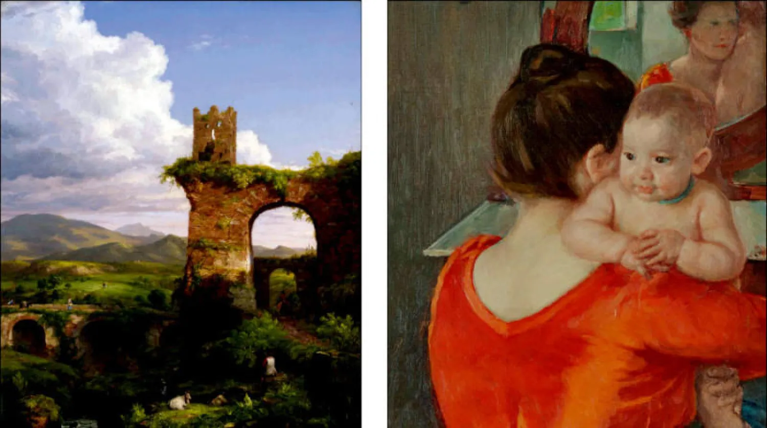 لوحة «الطفل تشارلز فوق كتف والدته» للفنانة ماري كاسات (سوذبيز) - «قوس نيرو» للرسام توماس كول (سوذبيز)