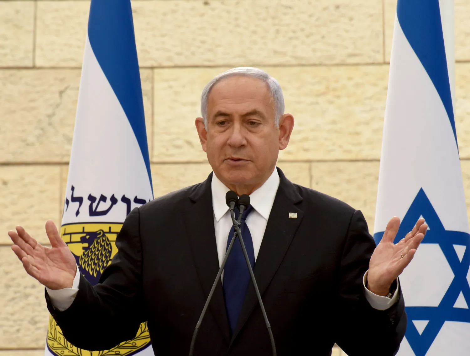 Israeli Prime Minister Benjamin Netanyahu speaks at a ceremony for fallen soldiers of Israel's wars at the Yad Lebanim House on the eve of Memorial Day, in Jerusalem, April 13, 2021. Reuters
