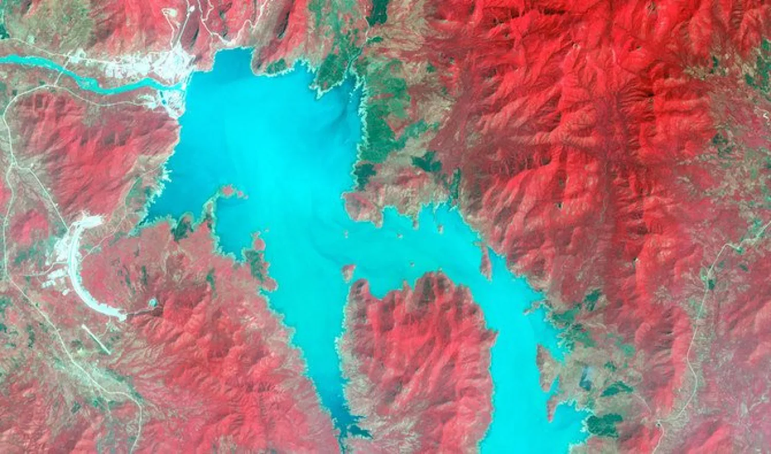 The Blue Nile River is seen as the Grand Ethiopian Renaissance Dam reservoir fills near the Ethiopia-Sudan border, in this broad spectral image taken November 6, 2020. (REUTERS)
