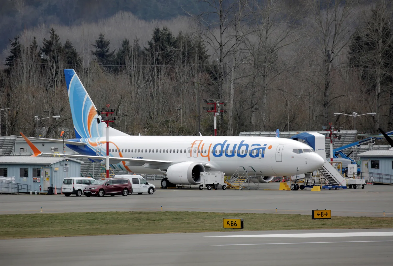 A Boeing 737 MAX aircraft bearing the logo of flydubai is parked at a Boeing production facility in Renton, Washington, US March 11, 2019. Reuters
