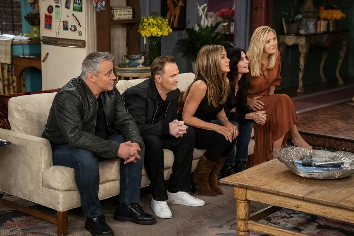 This image provided by HBO Max shows Matt LeBlanc, from left, Matthew Perry, Jennifer Aniston, Courteney Cox and Lisa Kudrow in a scene from the "Friends" reunion special. (HBO Max via AP)

