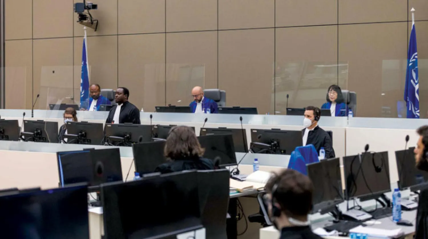 هيئة المحكمة الجنائية الدولية خلال البت في الاتهامات ضد علي كوشيب الأسبوع الماضي (إ.ب.أ)