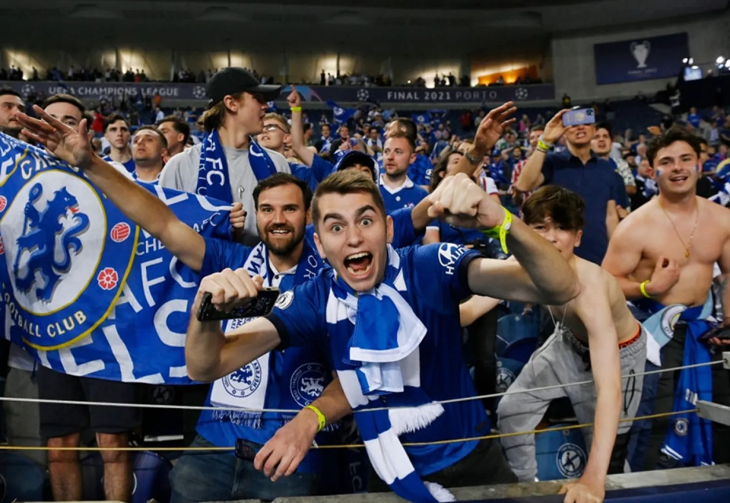 Chelsea fans celebrate following their side's victory in the UEFA Champions League Final. (Getty Images)