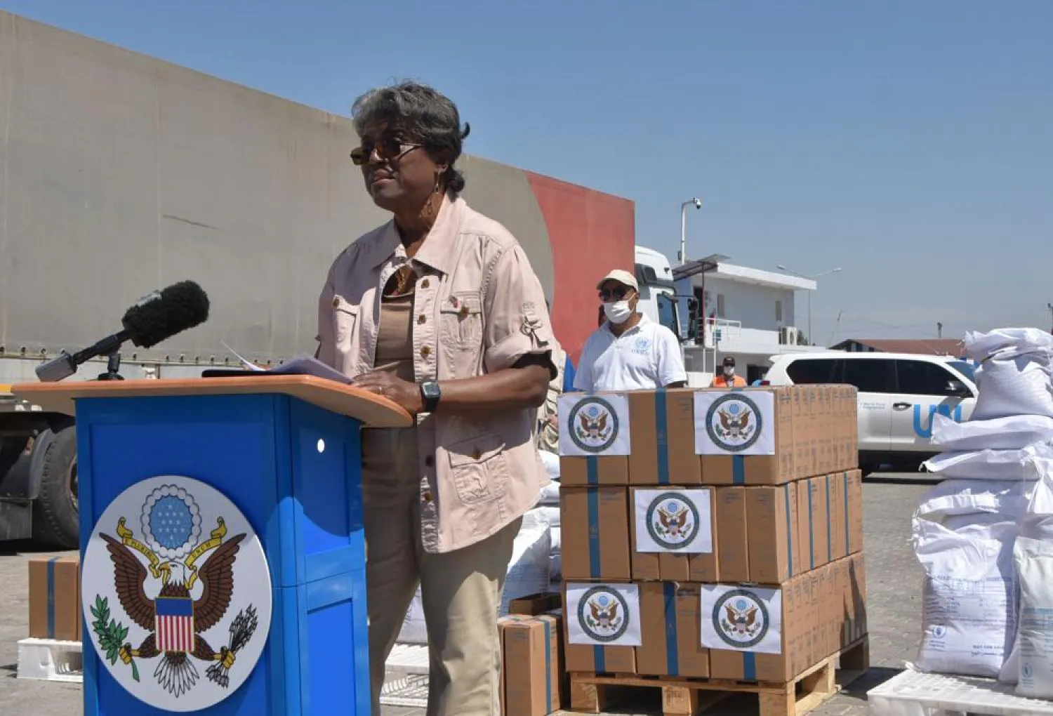 In this handout photo provided by the US Embassy in Turkey, Linda Thomas-Greenfield, US Ambassador to the UN, speaks at the Bab al-Hawa border crossing between Turkey and Syria, June 3, 2021. (AP)