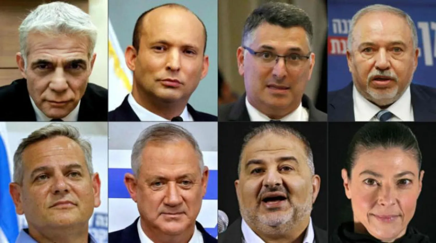 Soldan başlayarak İsrail koalisyon hükümeti tarafları; Lapid, Bennett, Saar, Liberman, Horowitz, Abbas ve Michaeli (AFP)