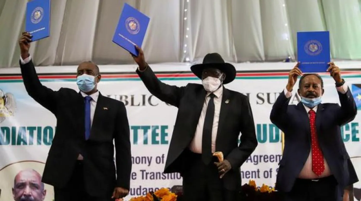Sudan's Sovereign Council Chief General Abdel Fattah al-Burhan, South Sudan's President Salva Kiir and Prime Minister Abdalla Hamdok after signing a peace agreement in Juba, South Sudan. (Reuters) 