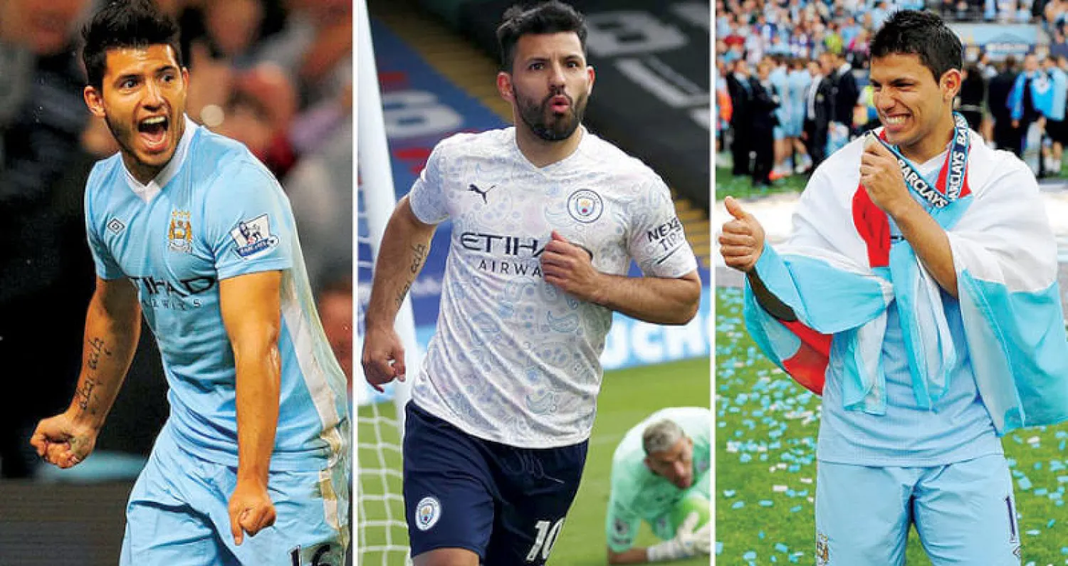 من اليمين: أغويرو يحتفل بلقب الدوري عام 2012... وبأحد أهدافه هذا الموسم في شباك كريستال بالاس... ثم بأول أهدافه مع سيتي في 2011 (غيتي)