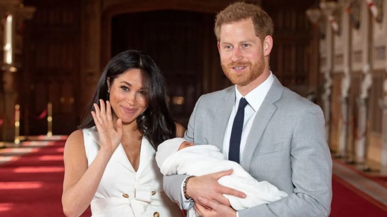 Prince Harry and his wife, Meghan, introduce Master Archie Harrison Mountbatten-Windsor. (Dominic Lipinski / AFP)