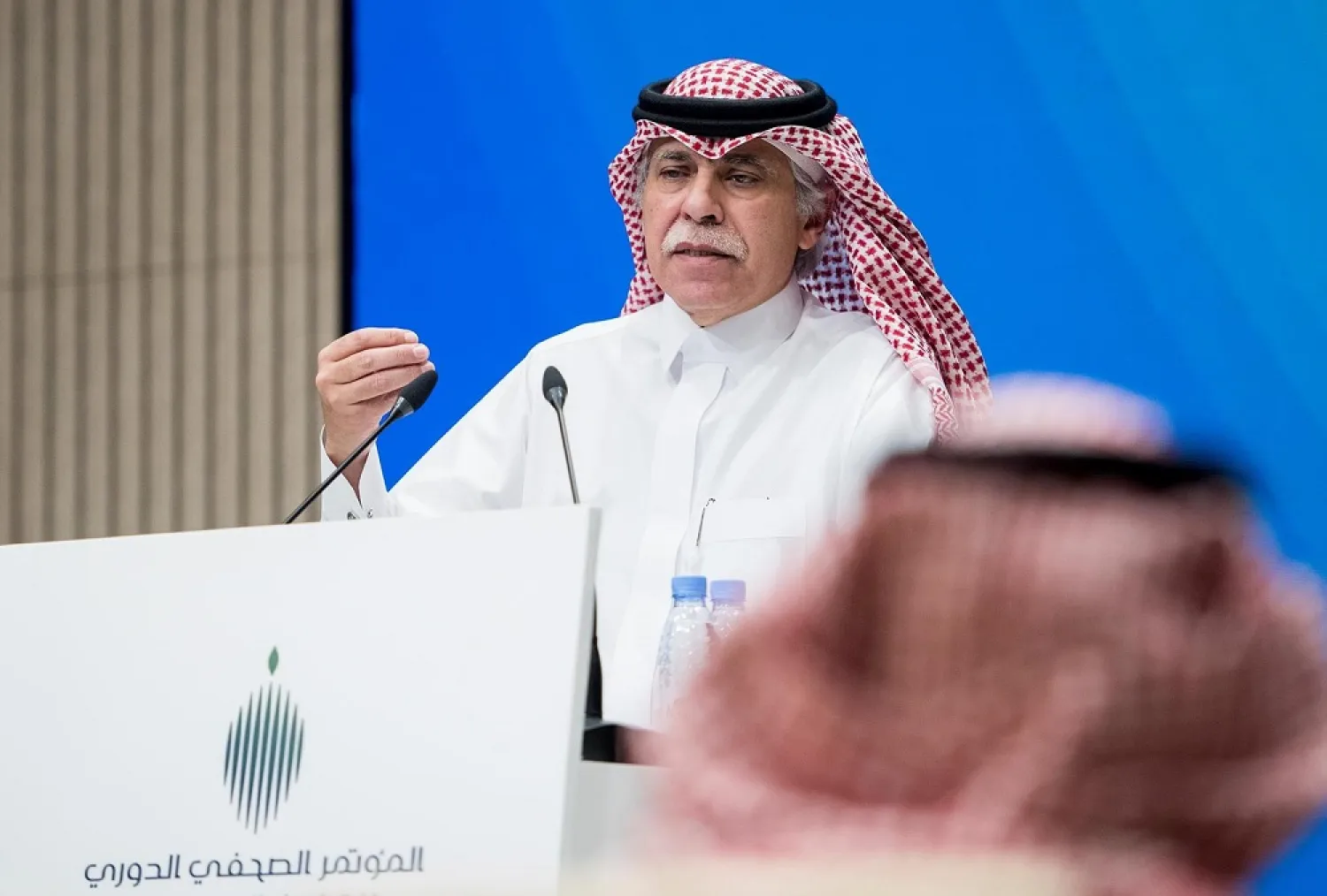 Acting Media Minister Dr. Majid al-Qasabi addresses the press briefing on Sunday. (SPA)