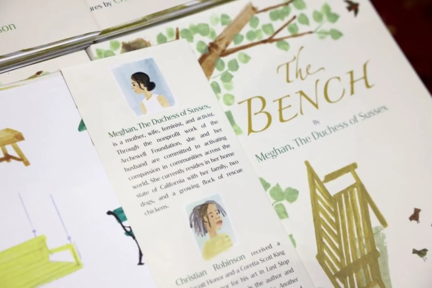 A copy of "The Bench", a children's book written by Meghan, Britain's Duchess of Sussex, is displayed at a Waterstones store in London, Britain, June 8, 2021. (Reuters)
