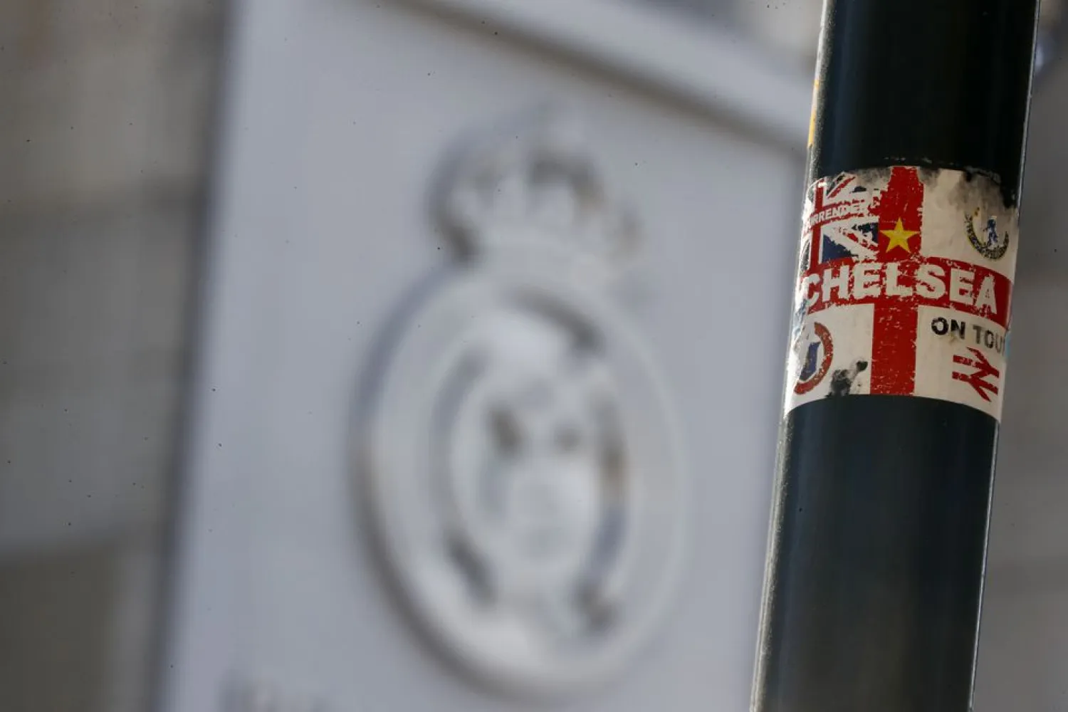 A Chelsea sticker is pictured outside Santiago Bernabeu as 12 of Europe's top football clubs launch a breakaway league. (Reuters)
