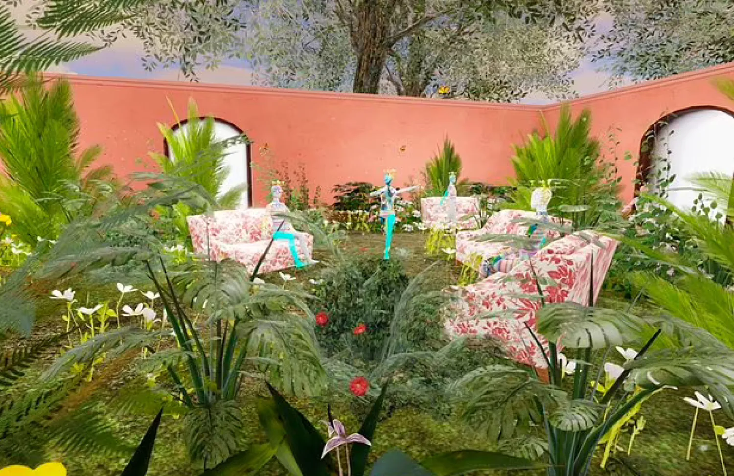 This computer generated image shows a Gucci virtual garden on Roblox. Anyone whose avatar is traipsing around the Roblox online game platform these days might run into other avatars sporting Gucci handbags, sunglasses or hats. The digital-only items are part of the Gucci's time-limited collection for Roblox, as the Italian fashion house that prides itself on hand-craftsmanship is dipping its toes into an expanding virtual space where many of its youngest fans already are at home. (Roblox via AP)

