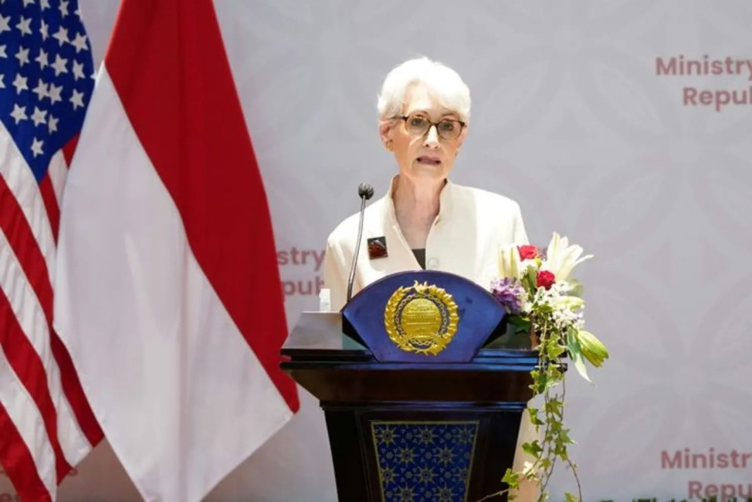 US Deputy Secretary of State Wendy Sherman speaks during a press briefing with Indonesian Deputy Foreign Minister Mahendra Siregar in Jakarta, Indonesia, May 31, 2021. (Handout via Reuters)