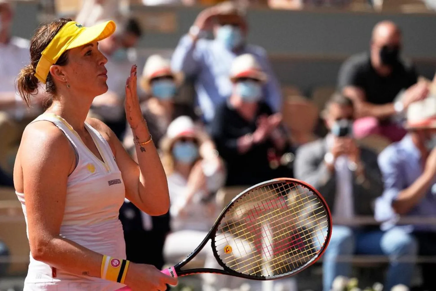 Anastasia Pavlyuchenkova throws a kiss to the crowd after defeating Tamara Zidansek in their semifinal match of the French Open at the Roland Garros stadium, June 10, 2021 in Paris. (AP) 
