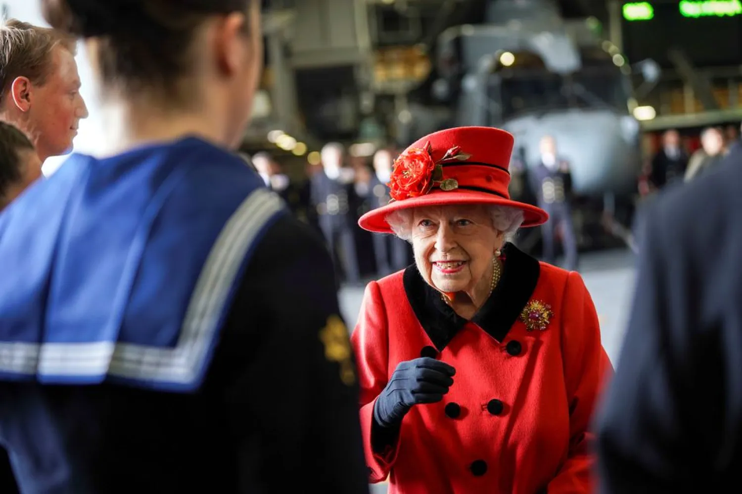Britain's Queen Elizabeth visits HMS Queen Elizabeth ahead of the ship's maiden deployment at HM Naval Base in Portsmouth, Britain May 22, 2021. (Reuters)