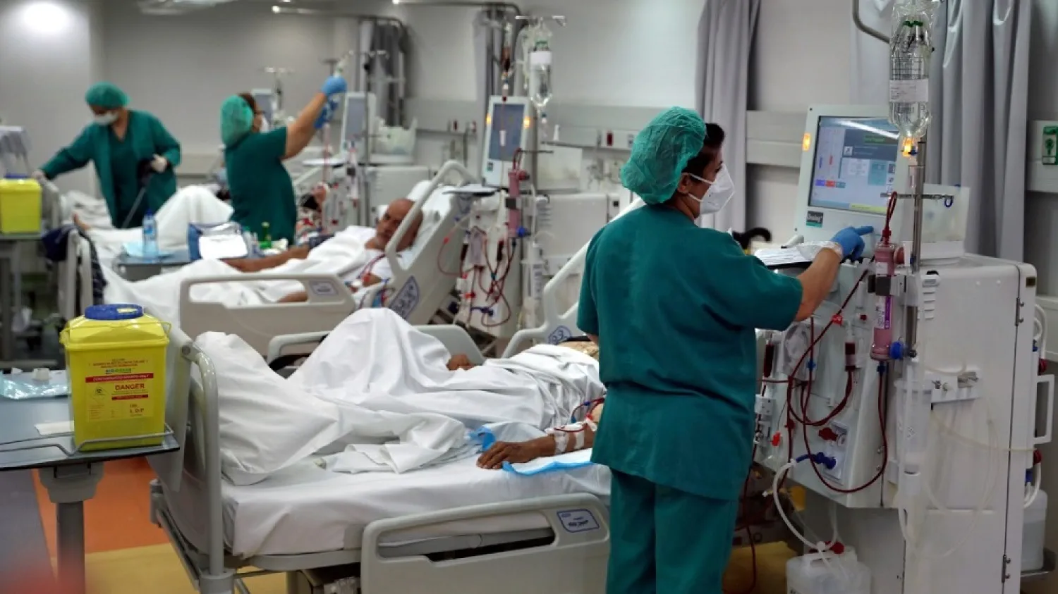 Nurses check patients undergoes dialysis at the Lebanese American University Medical Center - Rizk Hospital in Beirut, Lebanon, on June 10, 2021. (AP)