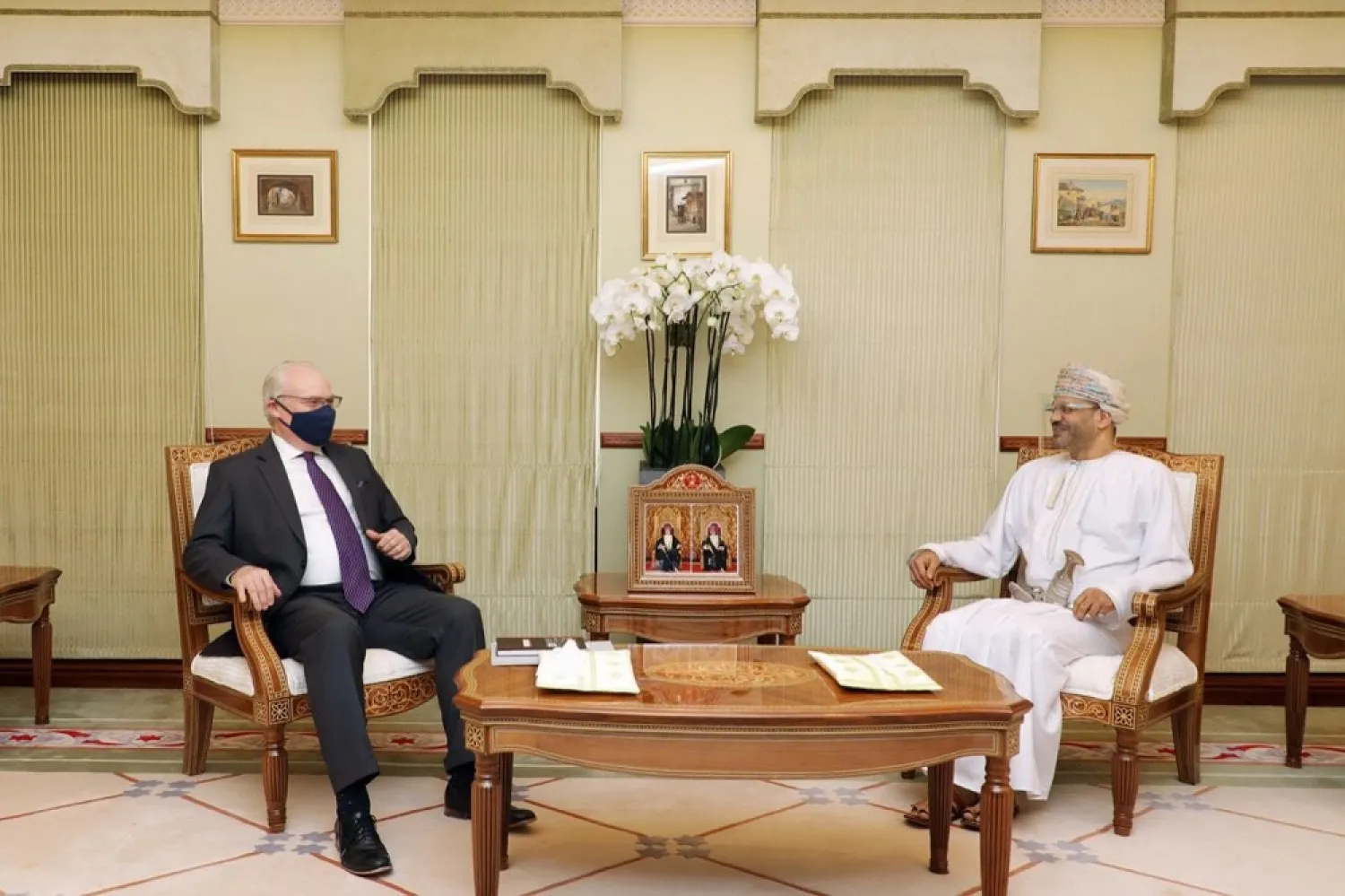 US Special Envoy to Yemen Tim Lenderking meets with Oman’s Foreign Minister Badr Albusaidi in Muscat in May. (Twitter)
