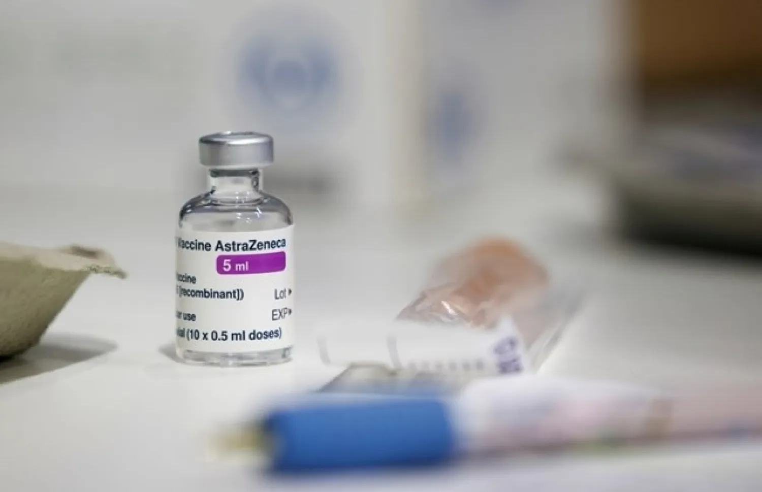 A vial of AstraZeneca coronavirus vaccine is seen at a vaccination center in Westfield Stratford City shopping center, amid the outbreak of coronavirus disease (COVID-19), in London, Britain, February 18, 2021. (REUTERS/Henry Nicholls)

