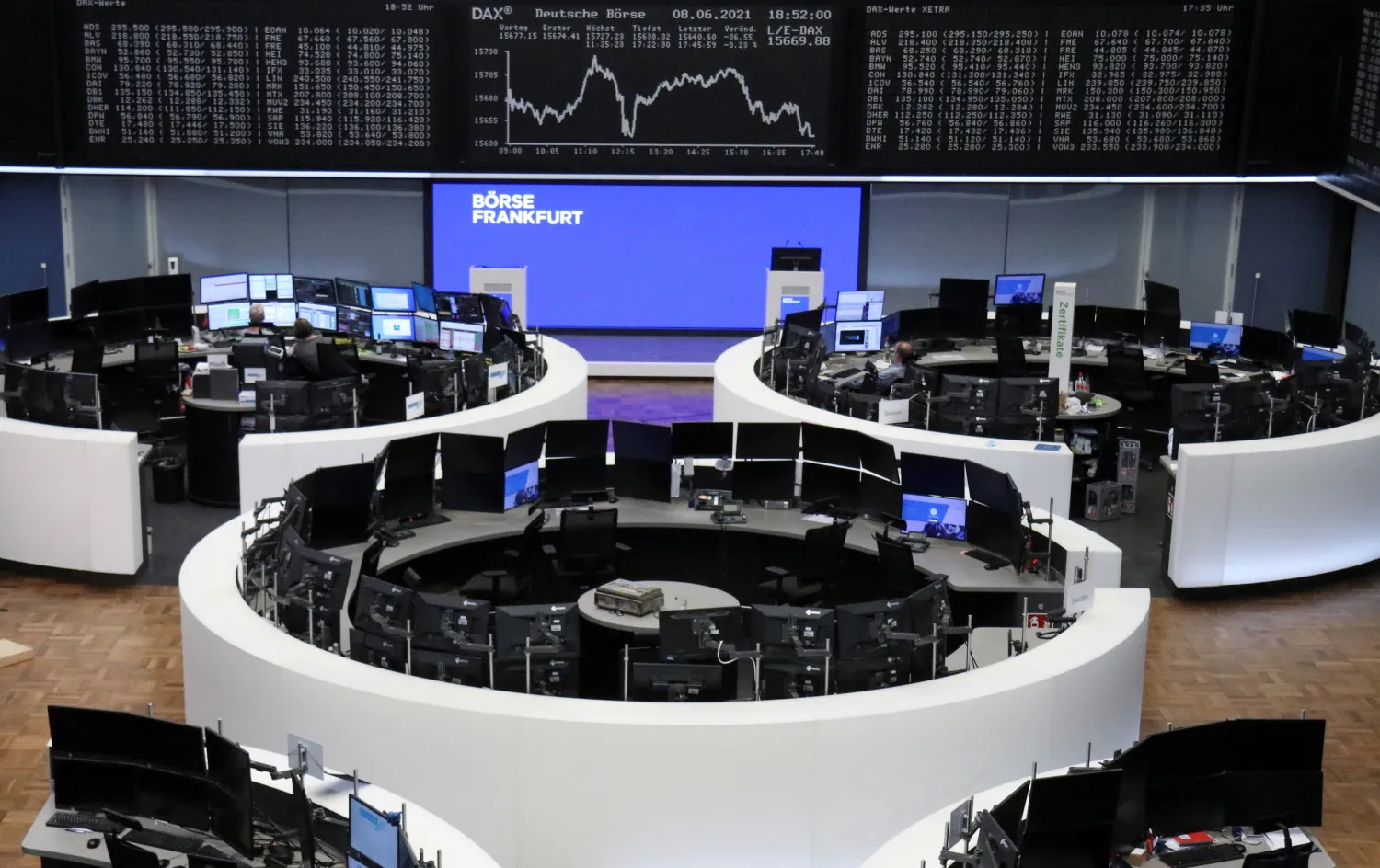 FILE PHOTO: The German share price index DAX graph is pictured at the stock exchange in Frankfurt, Germany, May 17, 2021. REUTERS/Staff/File Photo