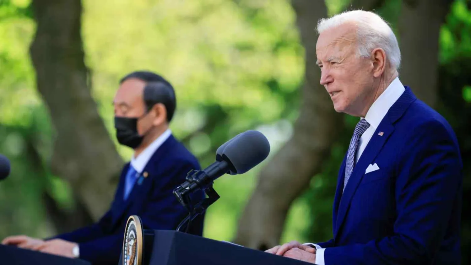 U.S. President Joe Biden speaks alongside Japan's Prime Minister Yoshihide Suga as they hold a joint news conference in the Rose Garden. Reuters