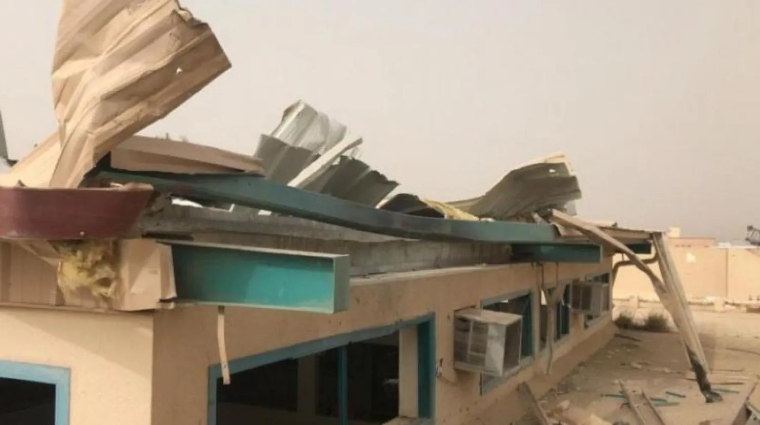 A substantial section of the roof of the school building in Asir is seen badly damaged. SPA