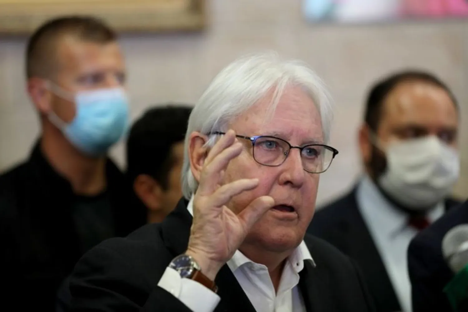 United Nations special envoy to Yemen, Martin Griffiths, gestures during a news conference at Sanaa Airport, in Sanaa, Yemen May 31, 2021. (Reuters)