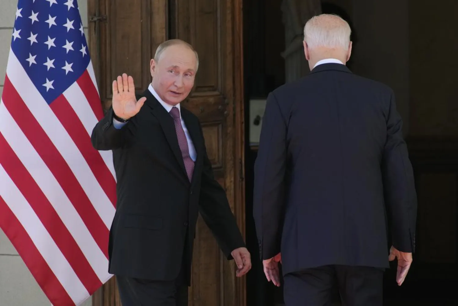 Russian President Vladimir Putin, left, and US President Joe Biden enter the 'Villa la Grange' in Geneva, Switzerland in Geneva, Switzerland, Wednesday, June 16, 2021. (AP Photo/Alexander Zemlianichenko, Pool)
