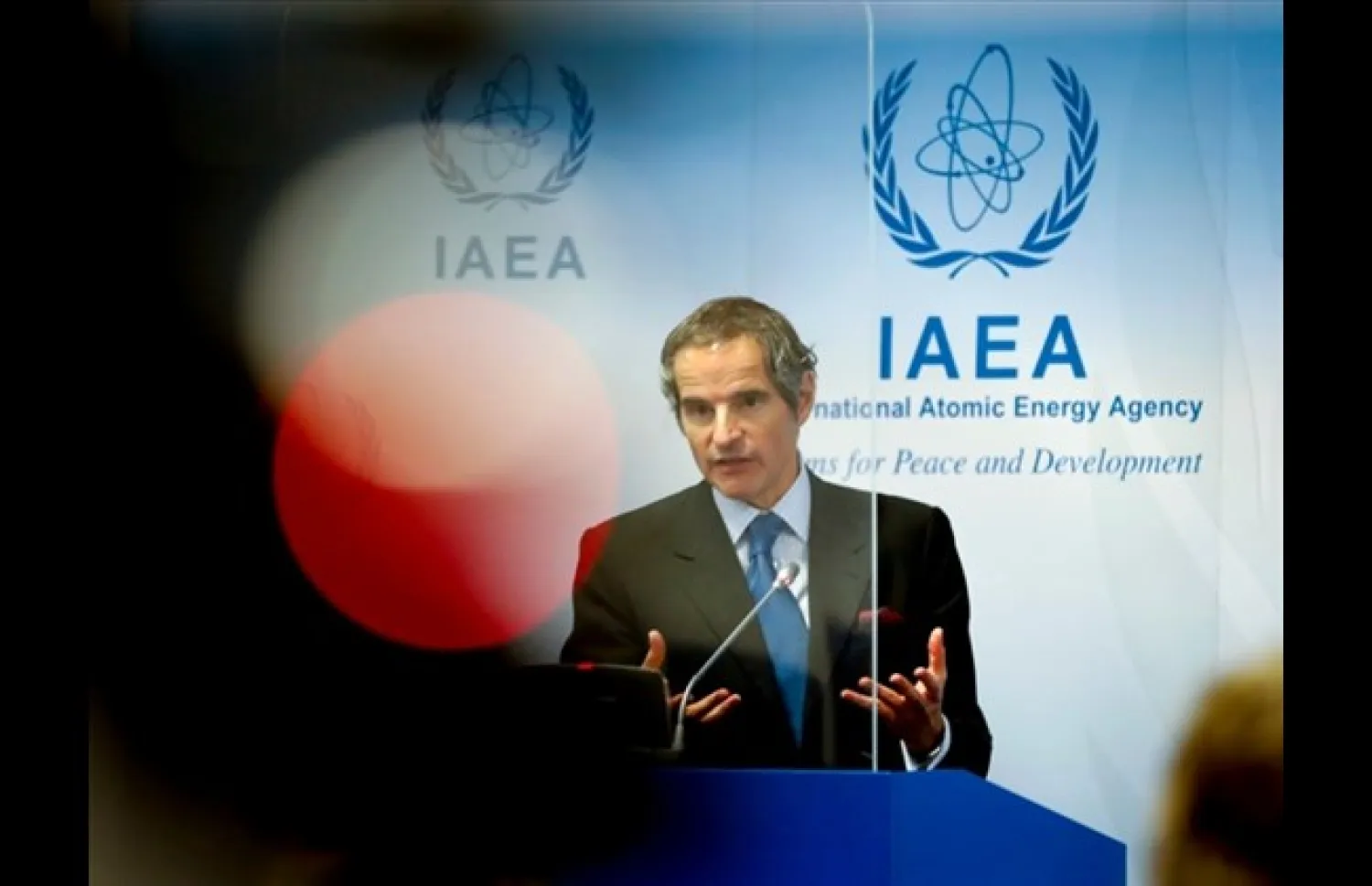 Director General of the International Atomic Energy Agency, IAEA, Rafael Mariano Grossi from Argentina, addresses the media during a news conference behind plexiglass shields regarding the agency's monitoring of Iran's nuclear energy program at the International Center in Vienna, Austria, Monday, June 7, 2021. (AP Photo/Lisa Leutner)

