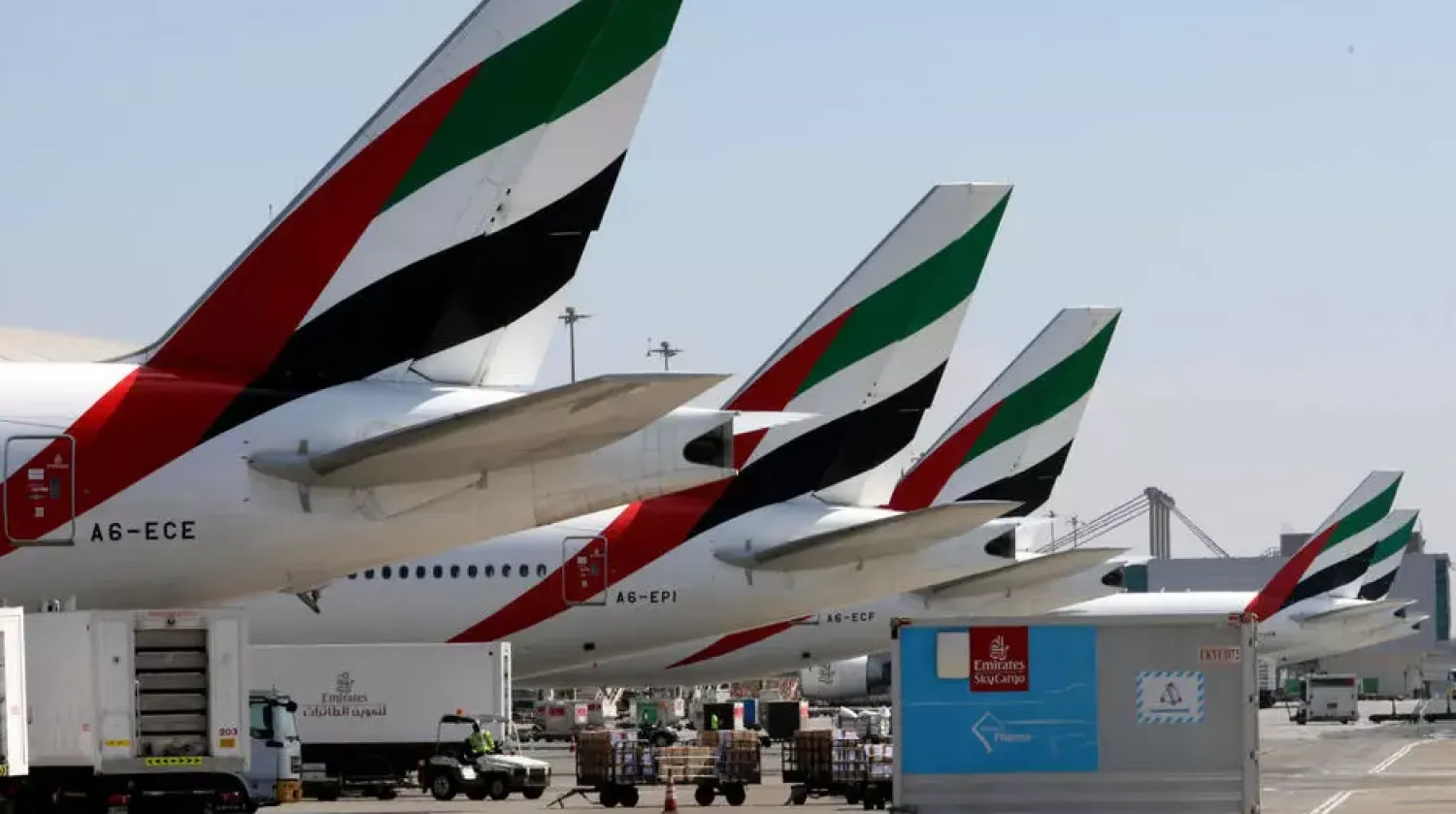 An Emirates Airlines Boing 777 plane unloads a coronavirus vaccine shipment at Dubai International Airport in this picture taken on February 1, 2021 Karim SAHIB AFP/File
