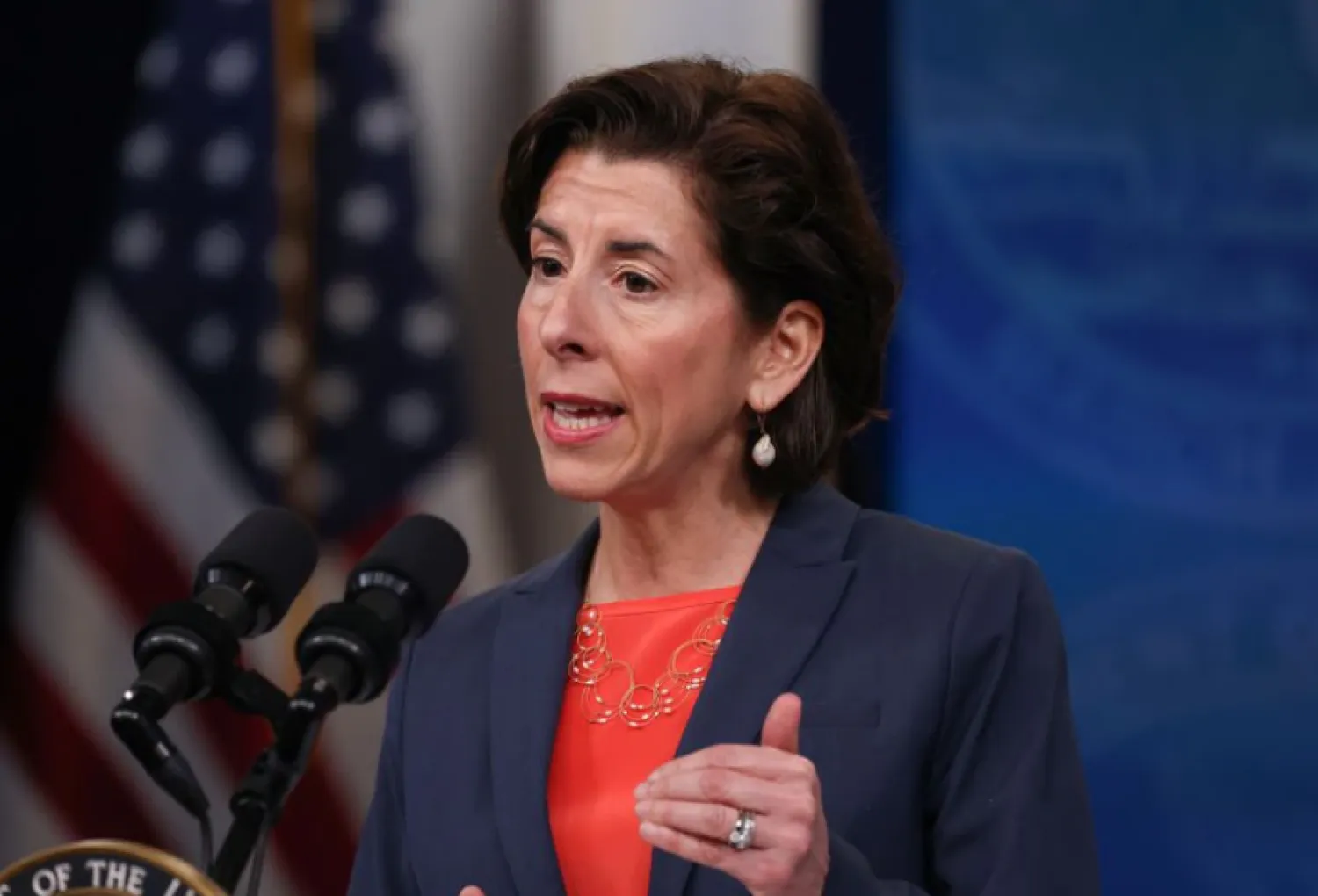 US Secretary of Commerce Gina Raimondo speaks during a high speed internet event at the Eisenhower Executive Office Building's South Court Auditorium at the White House in Washington, US, June 3, 2021. REUTERS/Evelyn Hockstein


