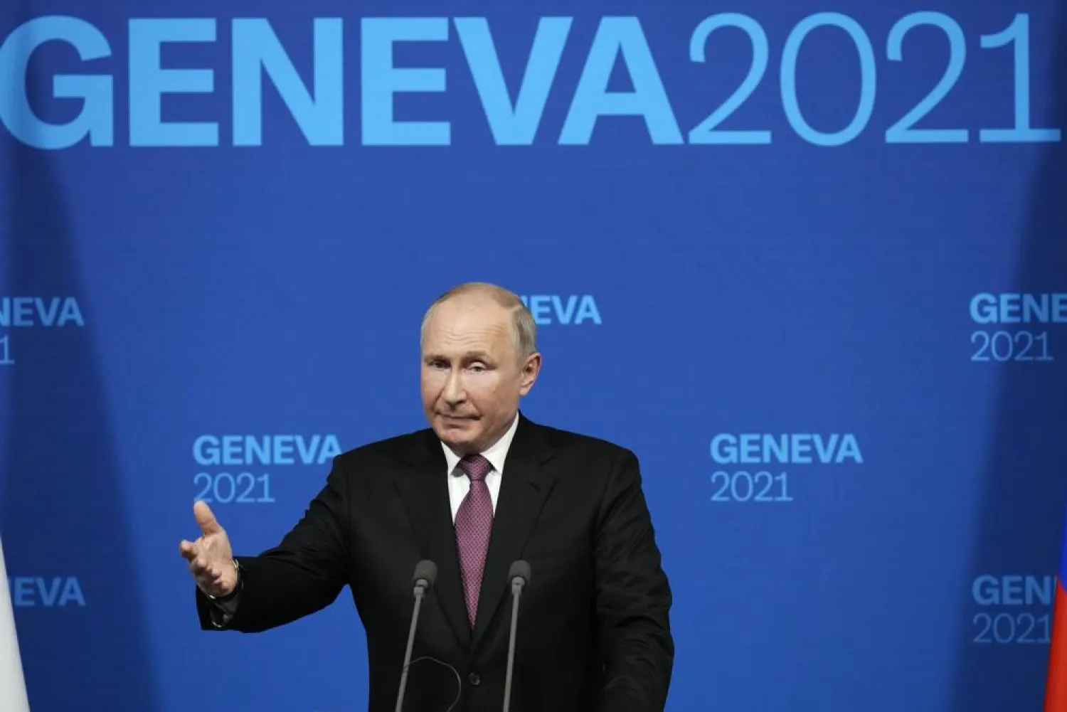 Russian President Vladimir Putin speaks during a news conference after his meeting with US President Joe Biden in Geneva, Switzerland in Geneva, Switzerland, Wednesday, June 16, 2021. (AP)