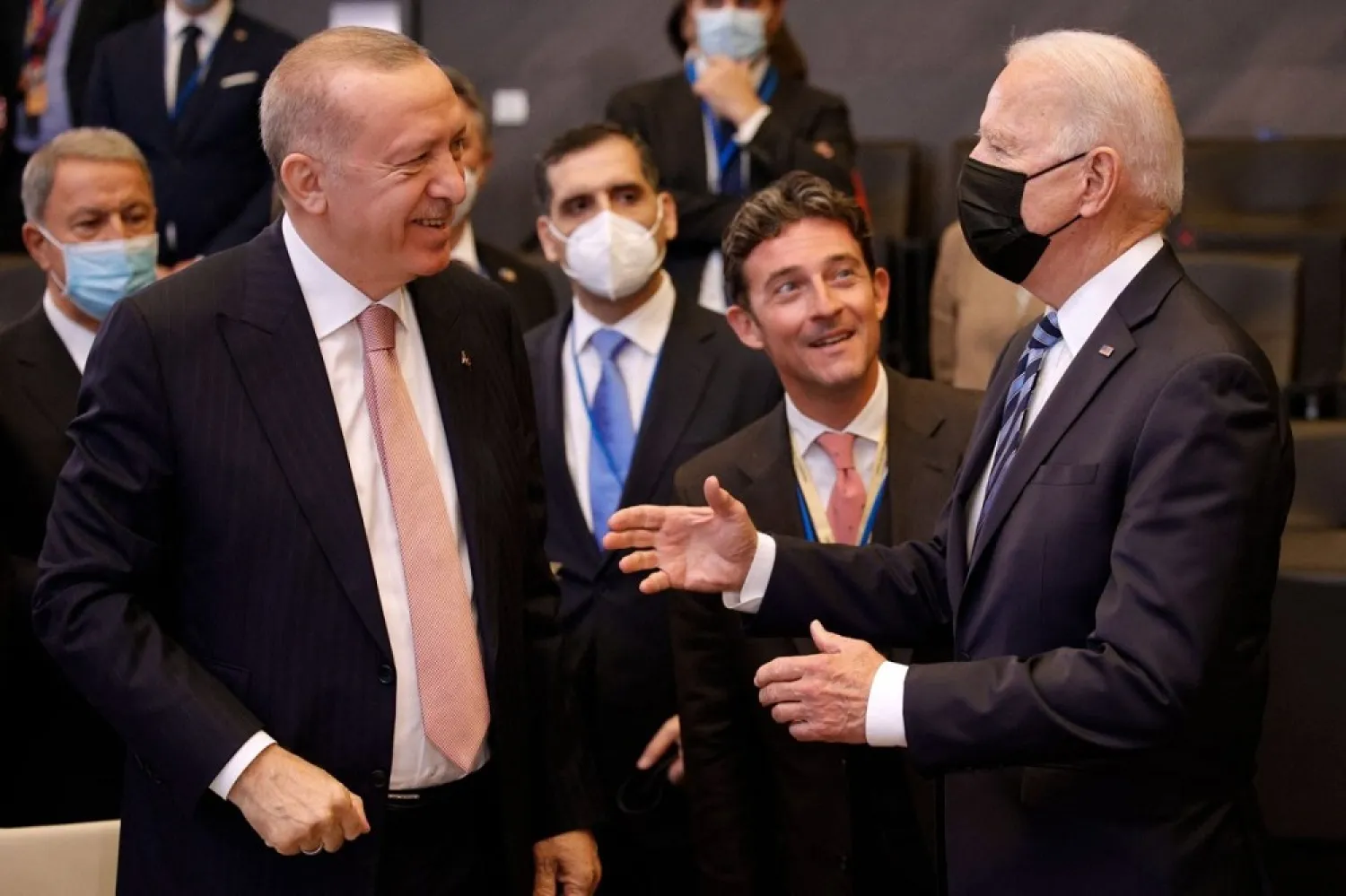 US President Joe Biden (R) speaks with Turkey's President Recep Tayyip Erdogan at the NATO summit in Brussels, on June 14, 2021. (Getty Images)