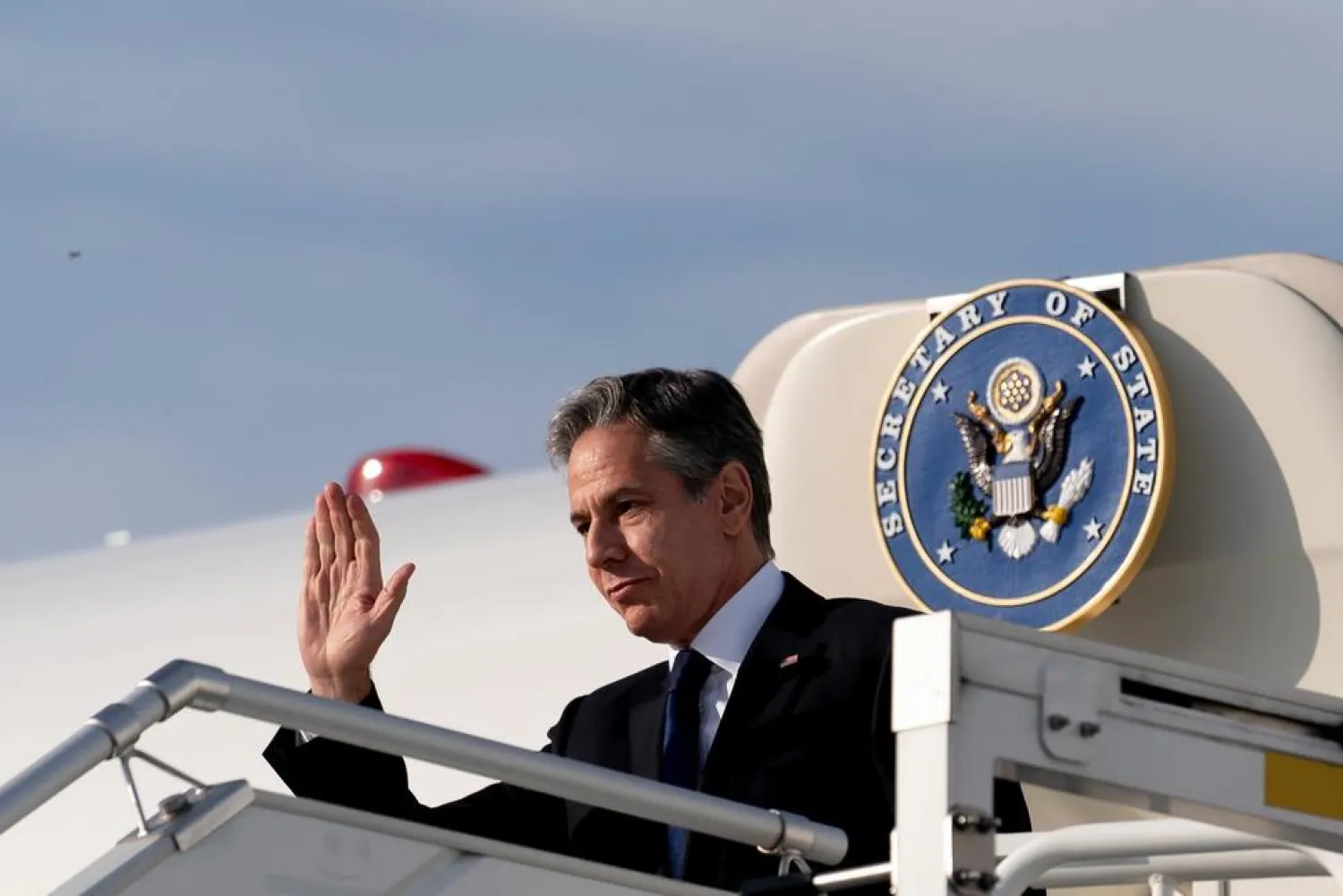 US Secretary of State Antony Blinken arrives at the Berlin Brandenburg Airport in Schonefeld, Germany, Wednesday, June 23, 2021, to travel to Berlin. (AP)