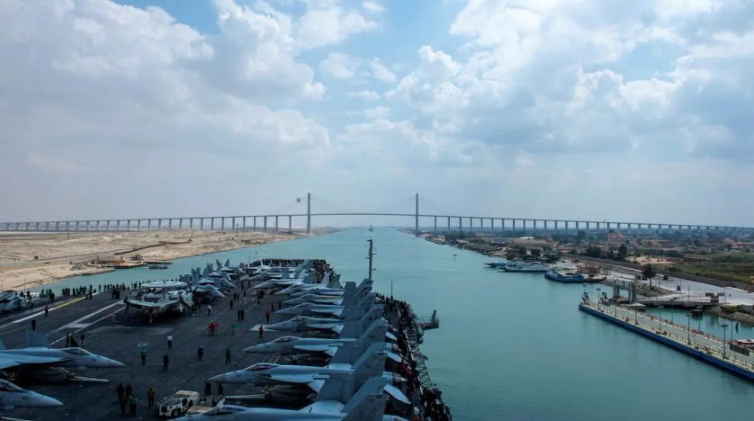 FILE: United States Navy aircraft carrier USS Dwight D. Eisenhower (CVN 69) approaches the Friendship Bridge during a Suez Canal transit in this picture taken April 2, 2021 and released by US Navy on April 3, 2021. (Reuters)
