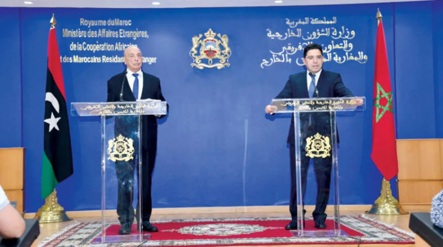 وزير خارجية المغرب ورئيس مجلس النواب الليبي خلال مؤتمر صحافي مساء الخميس (وزارة الخارجية المغربية)
