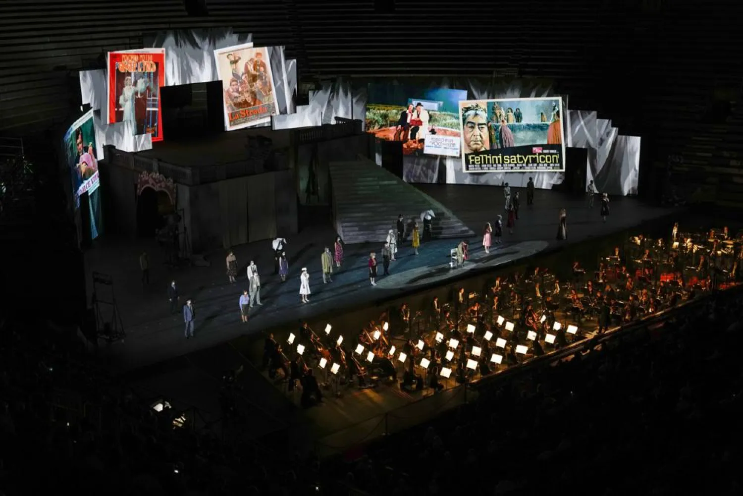 A view of the stage during 'I Pagliacci' (The Clowns) lyric opera, at the Arena di Verona theatre, in Verona, Italy, Friday, June 25, 2021. (AP)