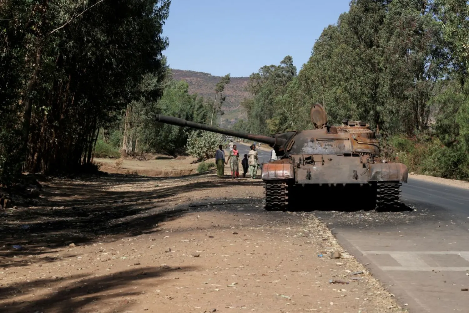 A burned tank stands near the town of Adwa, Tigray region, Ethiopia, March 18, 2021. REUTERS/Baz Ratner/File Photo