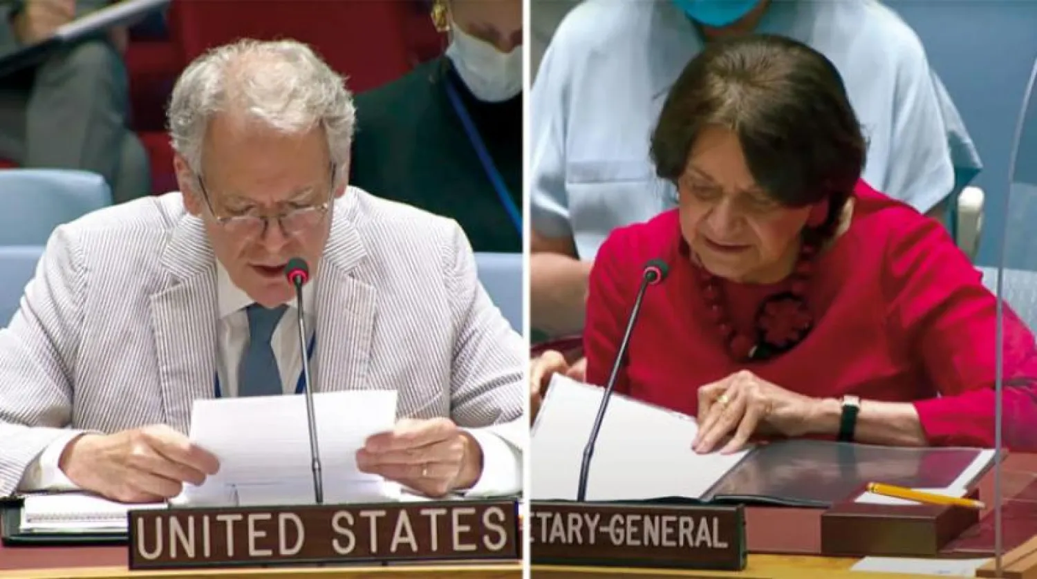 US deputy ambassador Jeffrey DeLaurentis and UN political chief Rosemary DiCarlo speak at the Security Council meeting in New York, US, on Wednesday June 30, 2021.
