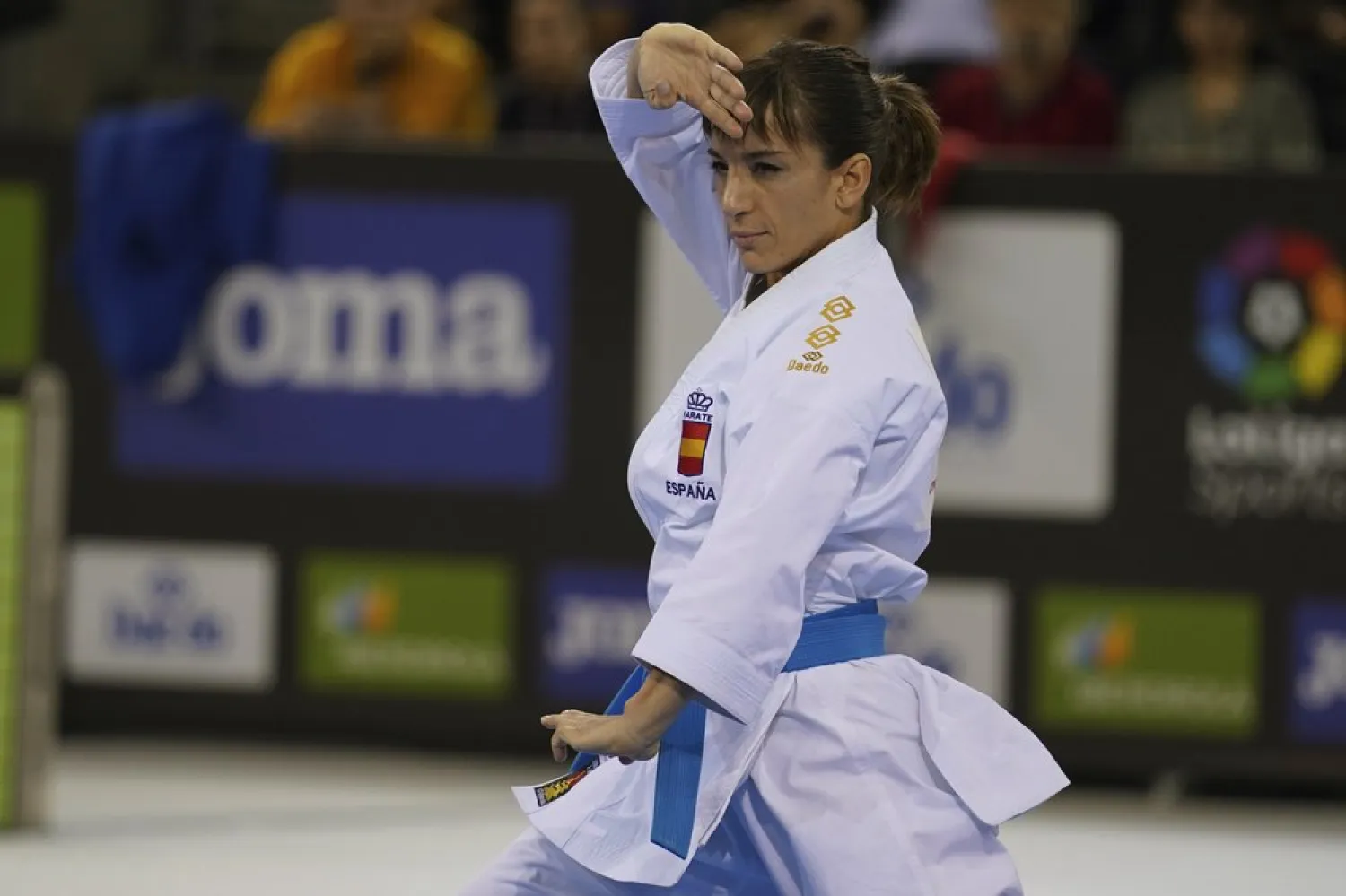 In this photo provided by the Spanish karate federation, Spanish karate athlete Sandra Sanchez takes part in a Senior Female Kata - Final bout in Madrid, Spain, on Dec. 1, 2019. (AP)